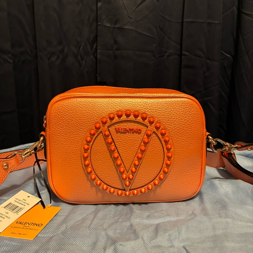 Valentino Orange Studded V Logo Crossbody Bag